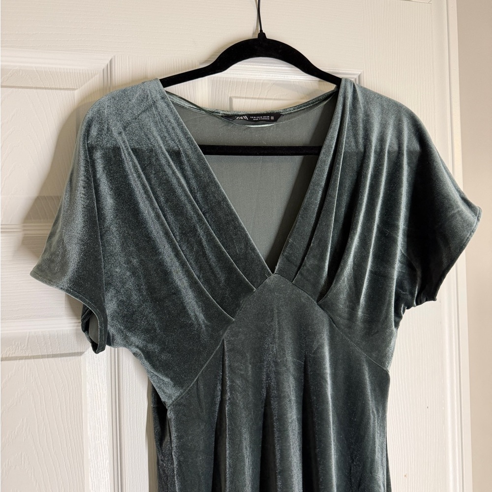 Zara Deep V Velvet Dress in Dark Green